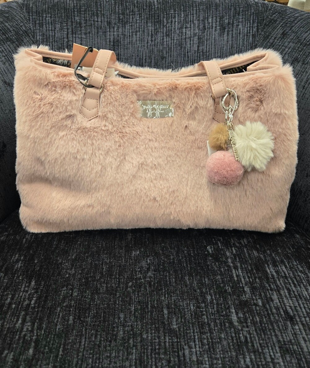 Juicy Couture Plush Faux-Fur Shoulder Tote - Light Pink with Pom Charm